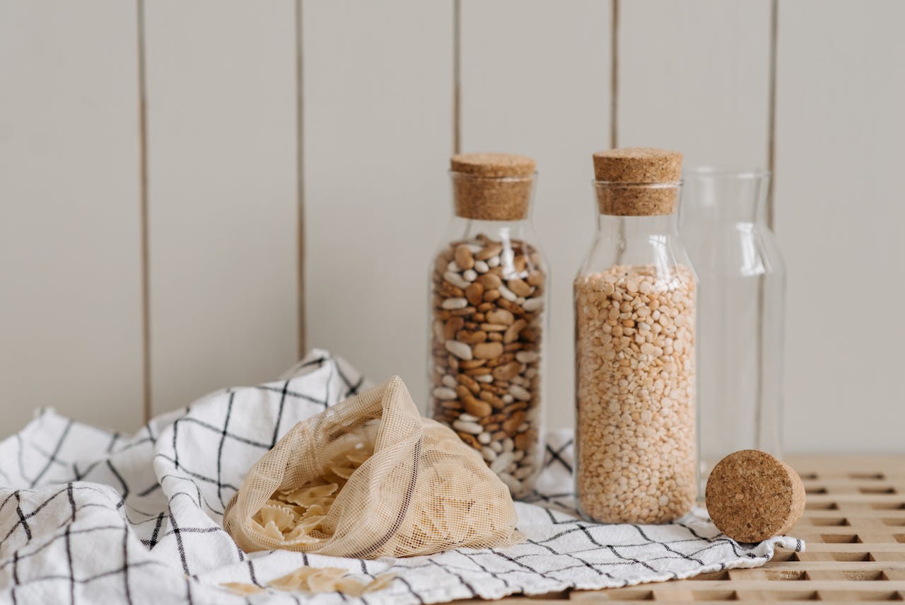 Uncooked Beans and Pasta in Recyclable Containers